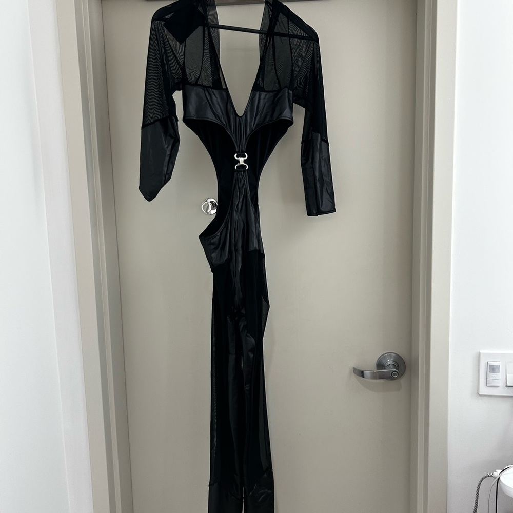 Black Mesh and Wet Look Jumpsuit